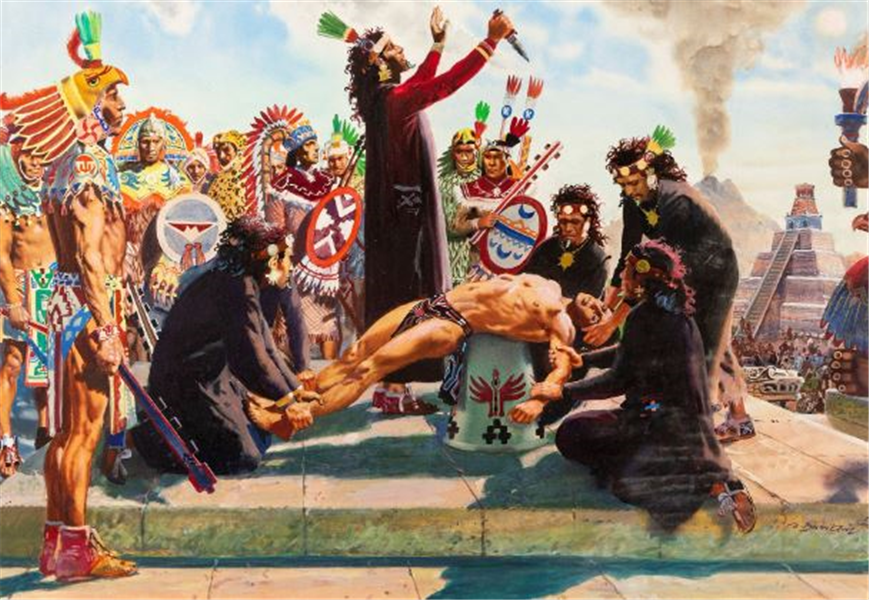 souverain azteque sortant le coeur d'un homme pour sacrifice