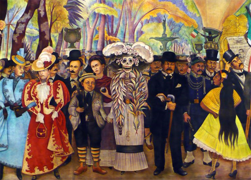 Fresque de Diego Rivera représentant la Catrina avec Frida Kahlo