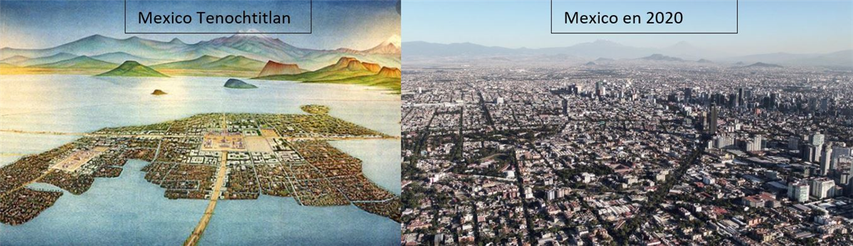 évolution de la construction de Mexico depuis l'époque Azteque de Tenochtitlan à ce jour