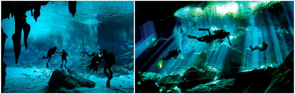 plongeurs en bouteilles explorant les cavernes souterraines du cenote dos ojos