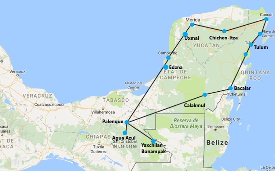 itinéraire de l'autotour au mexique combiné yucatan et chiapas