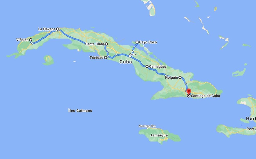 carte du voyage sur mesure a cuba de La Havane a Santiago