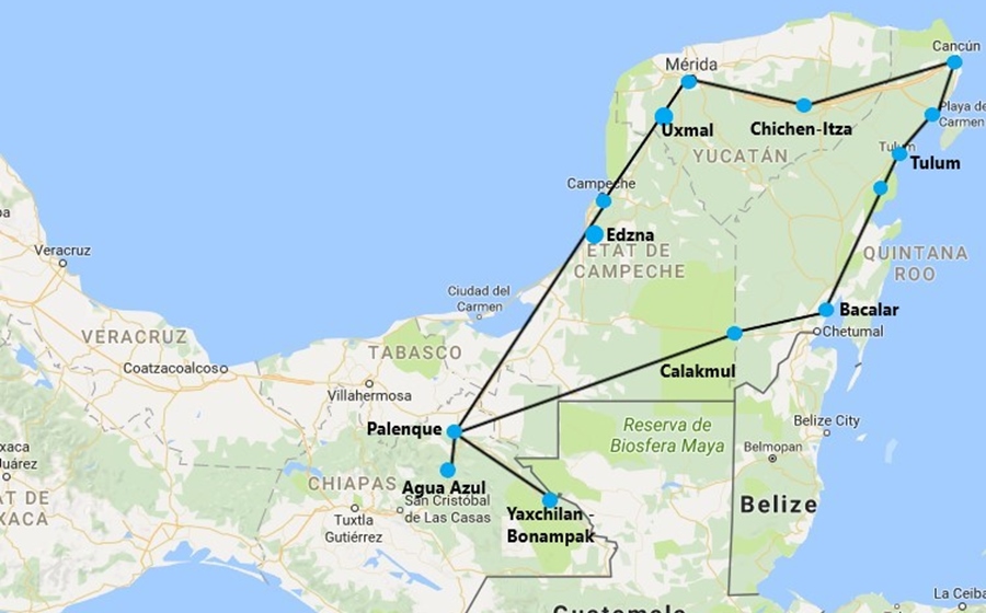 la carte du circuit au mexique par le yucatan et le chiapas